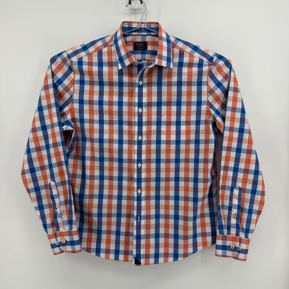 UNTUCKit Button Down Shirt Mens M Orange Blue Gingham Cotton Wrinkle Free Hem